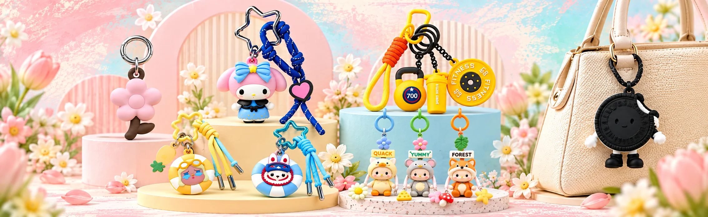 Custom PVC bag charms wholesale collection with molded character, logo and retail-ready designs by Eversun