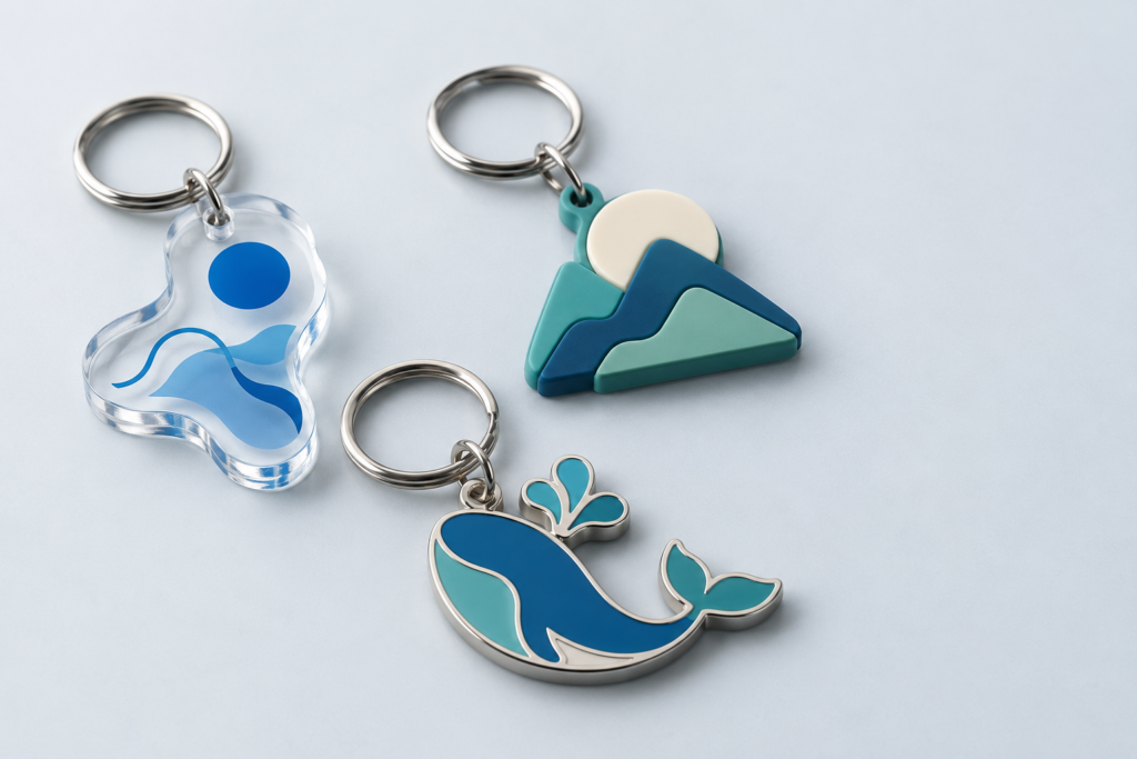 AI concept illustration of acrylic, soft PVC and metal enamel keychains in custom shapes.