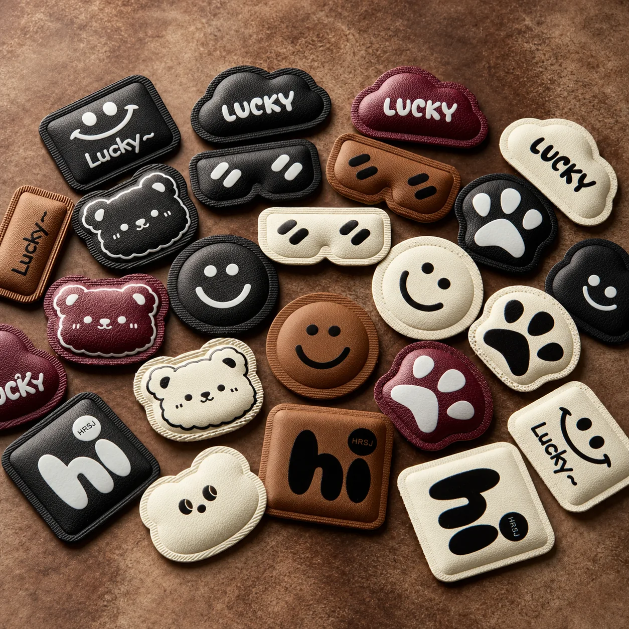 Debossed leather logo labels in multiple shapes and colors