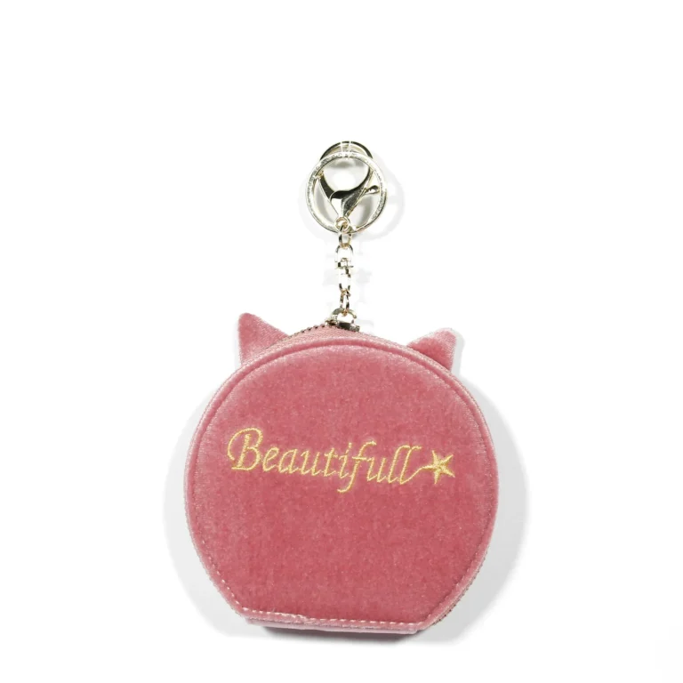 Dusty-rose cat-ear coin purse with decorative lettering