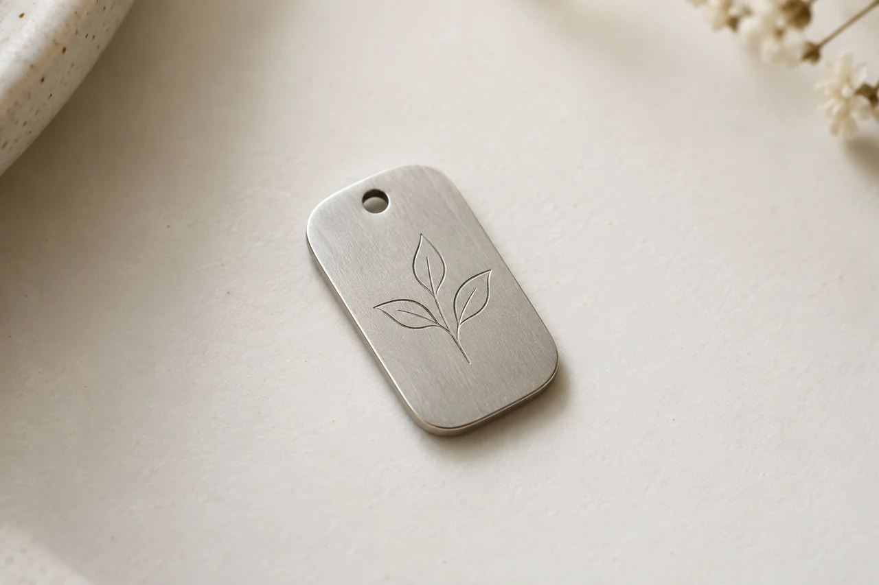 AI-generated concept: Silver-tone rectangular tag with a fine-line plant motif and attachment opening.
