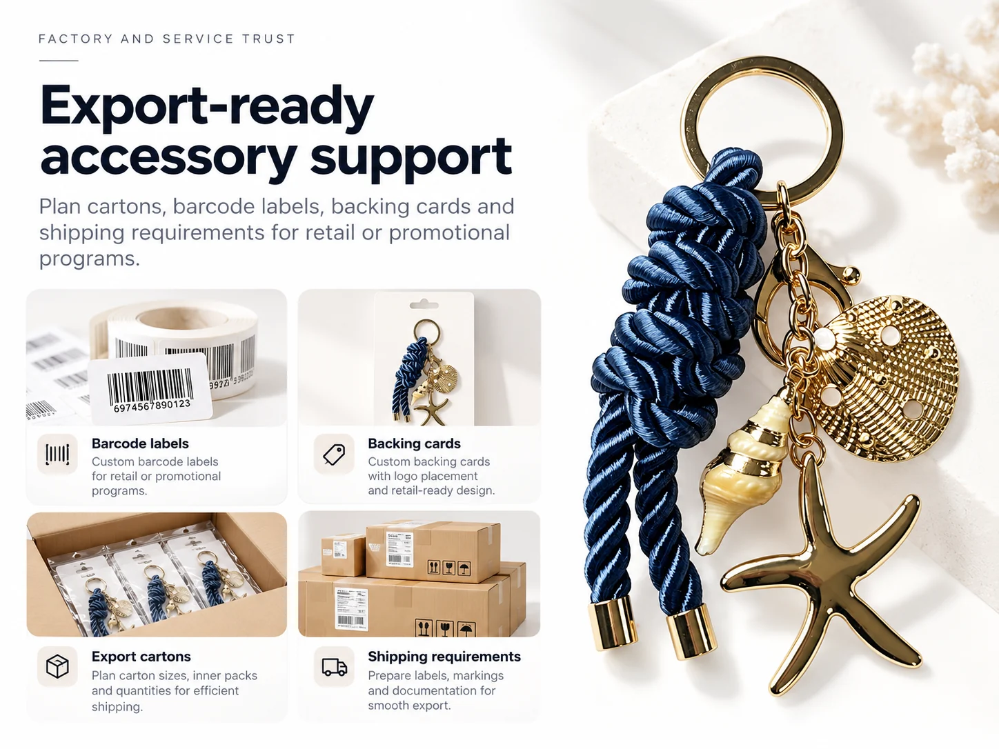 Export-ready bag charm accessory support for labels, cartons and retail packaging