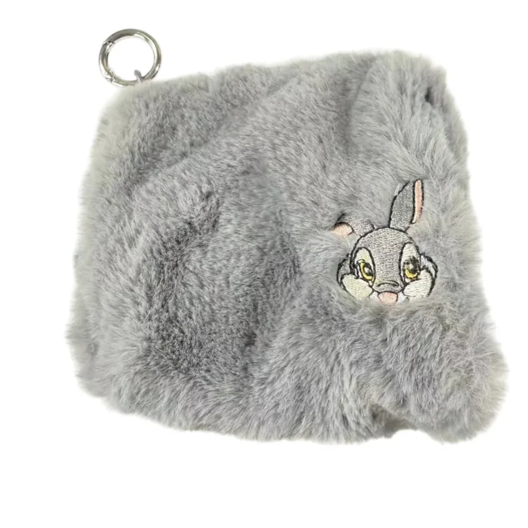 Gray fuzzy pouch with rabbit character patch
