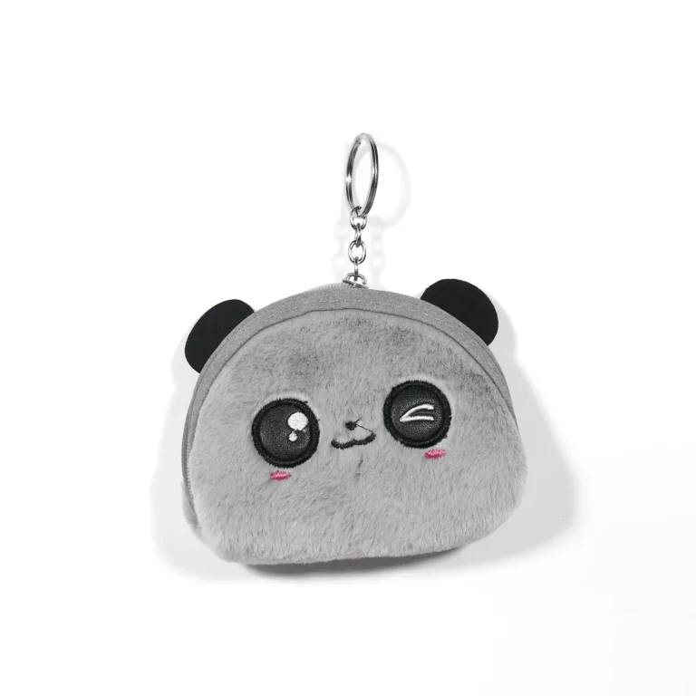 Gray fuzzy winking panda coin purse