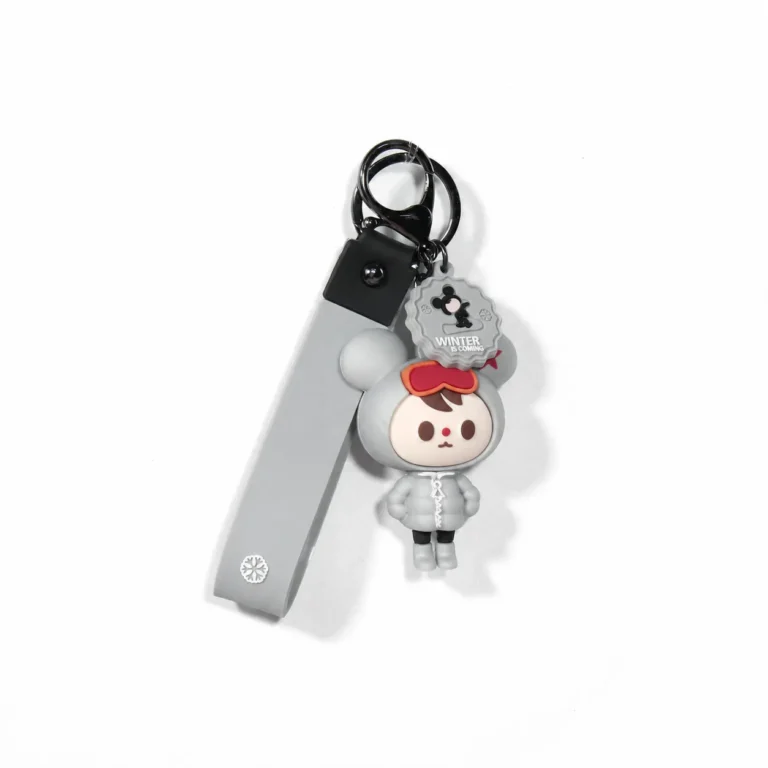 Gray hooded figure keyring with long printed strap