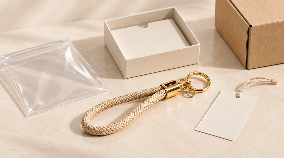 AI illustration of a loop keyring, blank backing card, clear bag and boxes