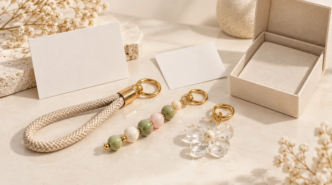 AI illustration of accessory references with blank cards and an open sample box