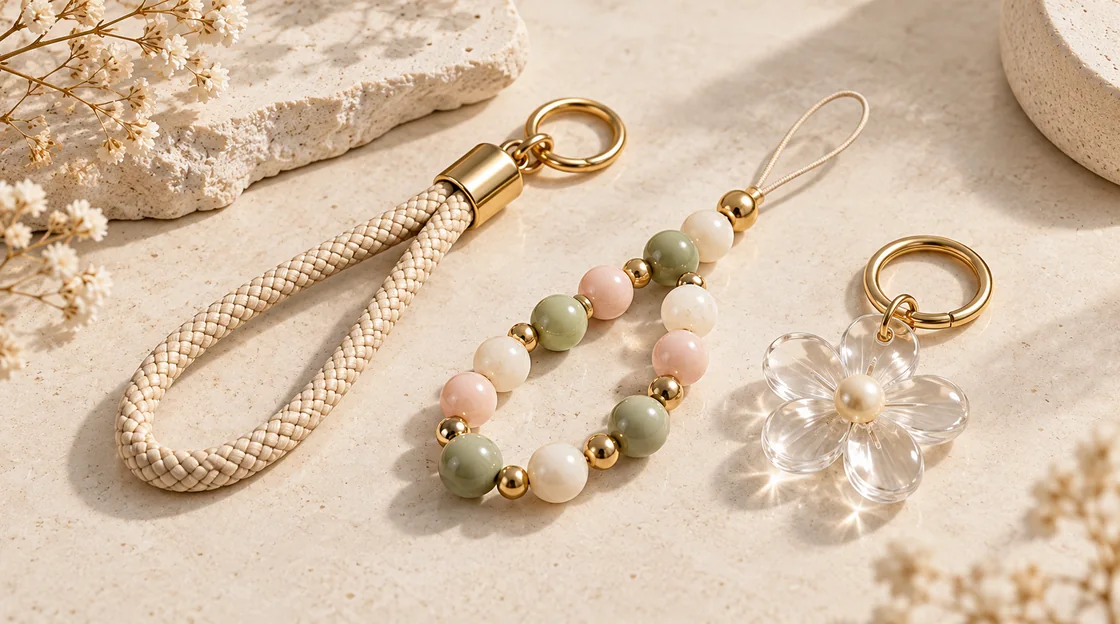AI illustration of three accessory references: a loop strap, bead charm and clear flower keyring