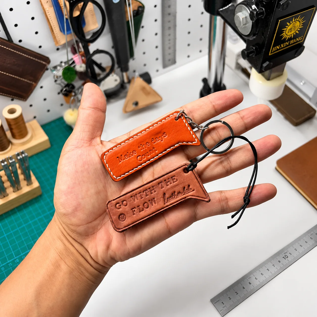 Laser engraved leather logo tags with custom branding