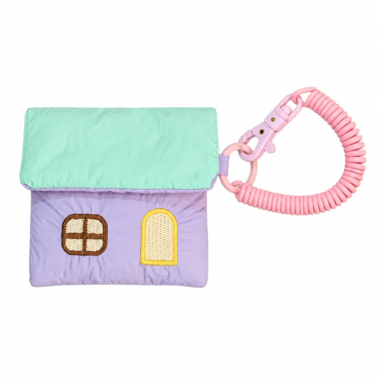 Lavender house pouch with pink coil clip