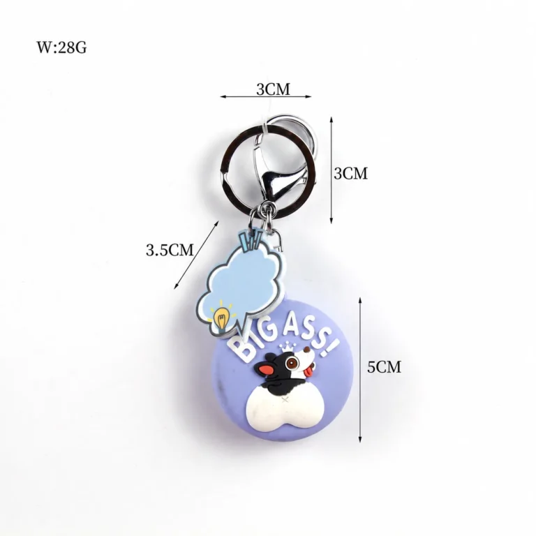 Rounded lettered pendant with animal-face and heart accents, speech-bubble charm, ring and clip in lavender, white, black, red, silver-tone, shown as a keychain.