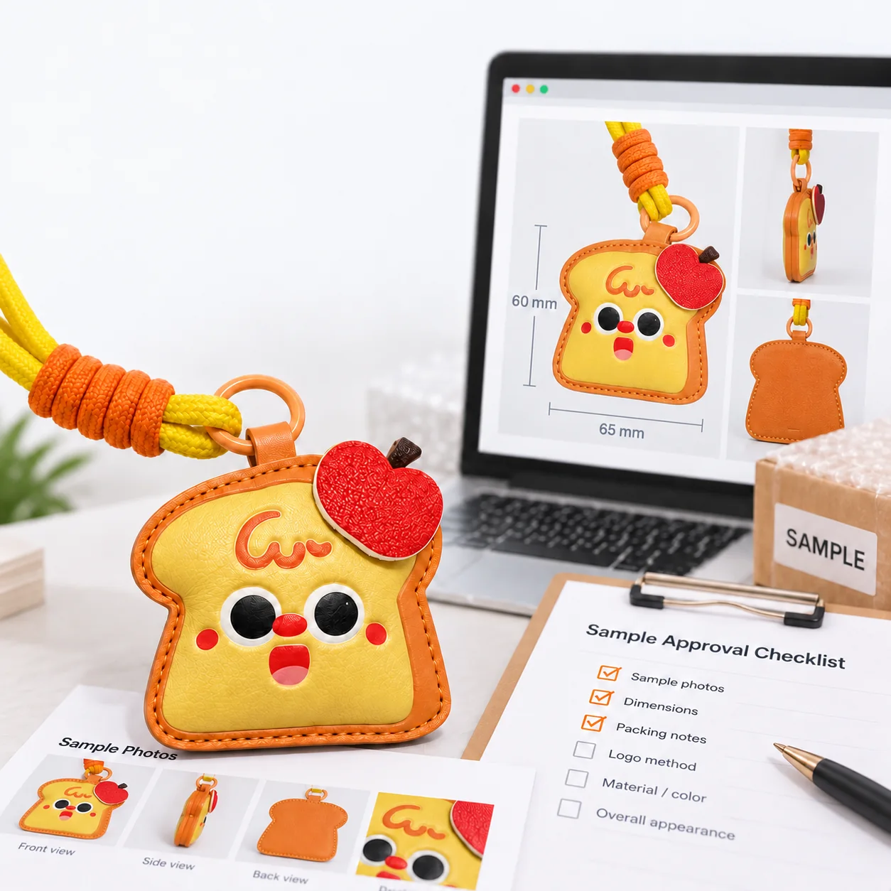 Leather bag charm sample approval checklist with finished prototype