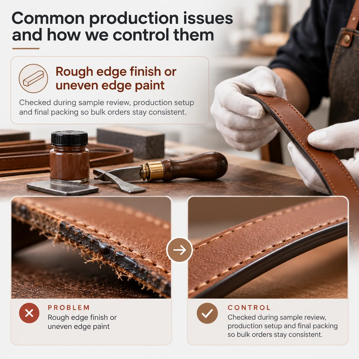 Leather edge paint finish quality control during production