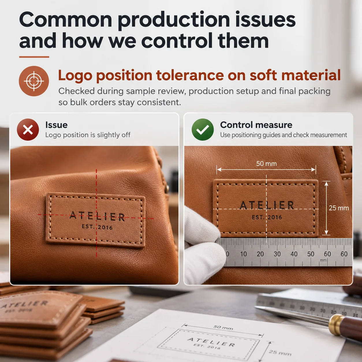 Leather logo position tolerance and soft material quality control