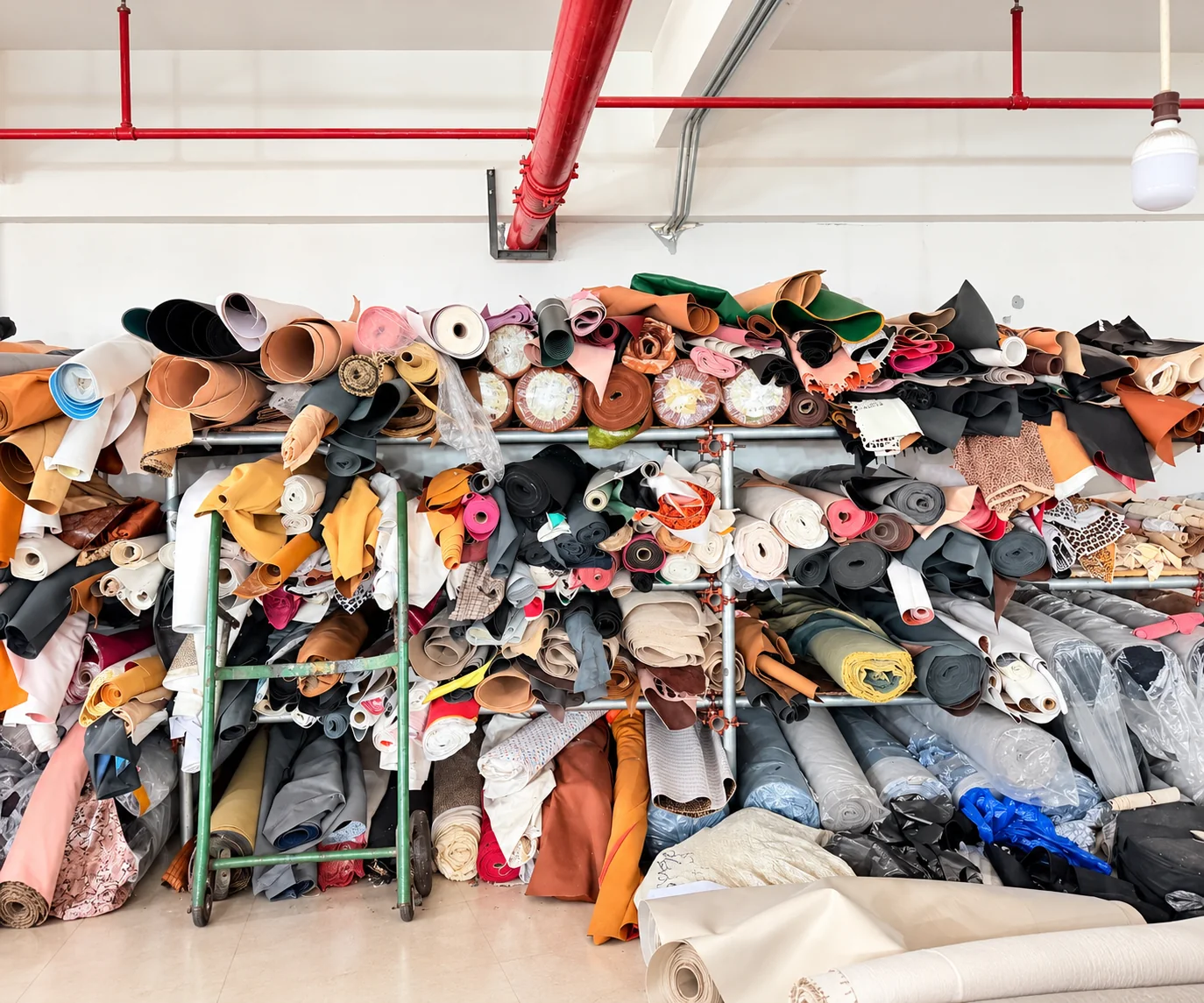 Leather and PU material rolls organized in the bag charm workshop