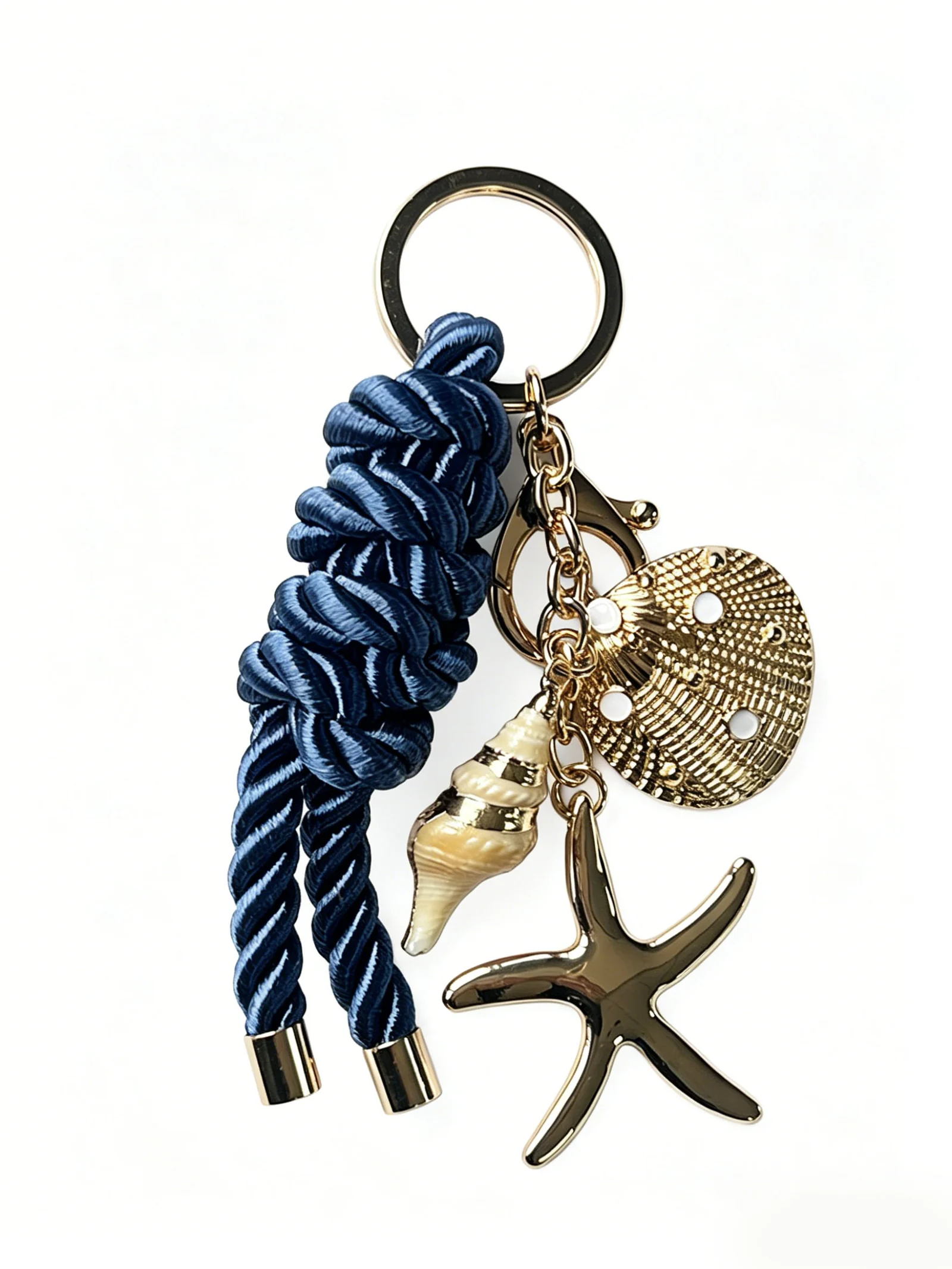 Metal star and shell bag charm with blue woven cord for boutique accessories