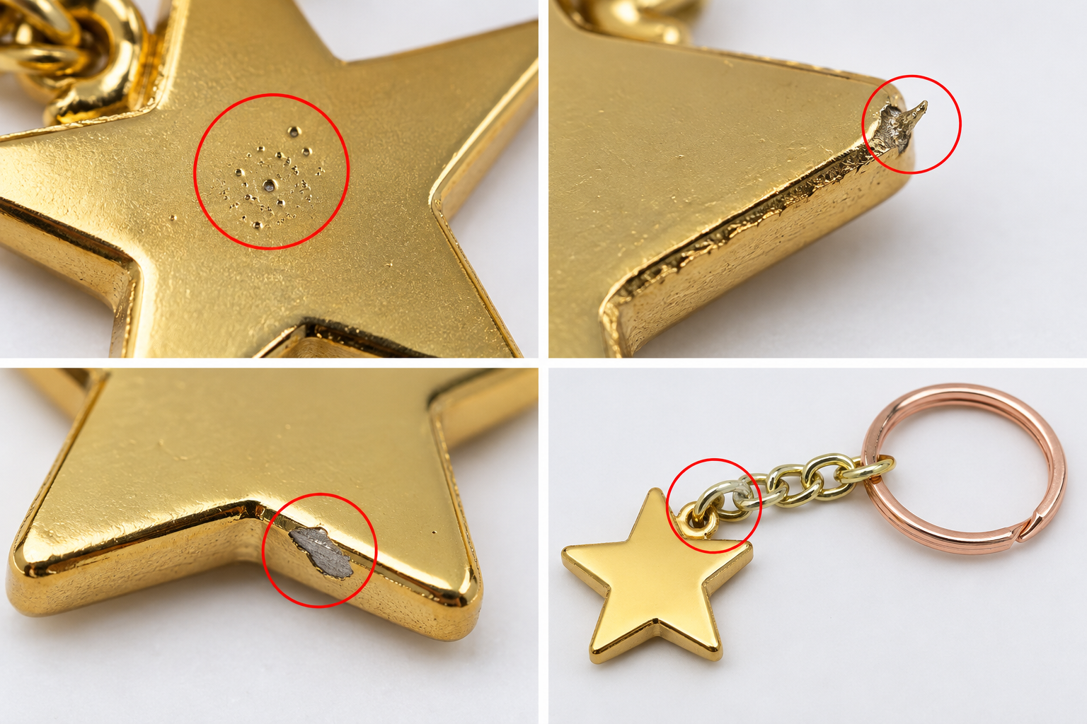 AI gold-colored metal keychain defect examples: surface pits, a sharp edge burr, exposed base material and mismatched hardware tones.