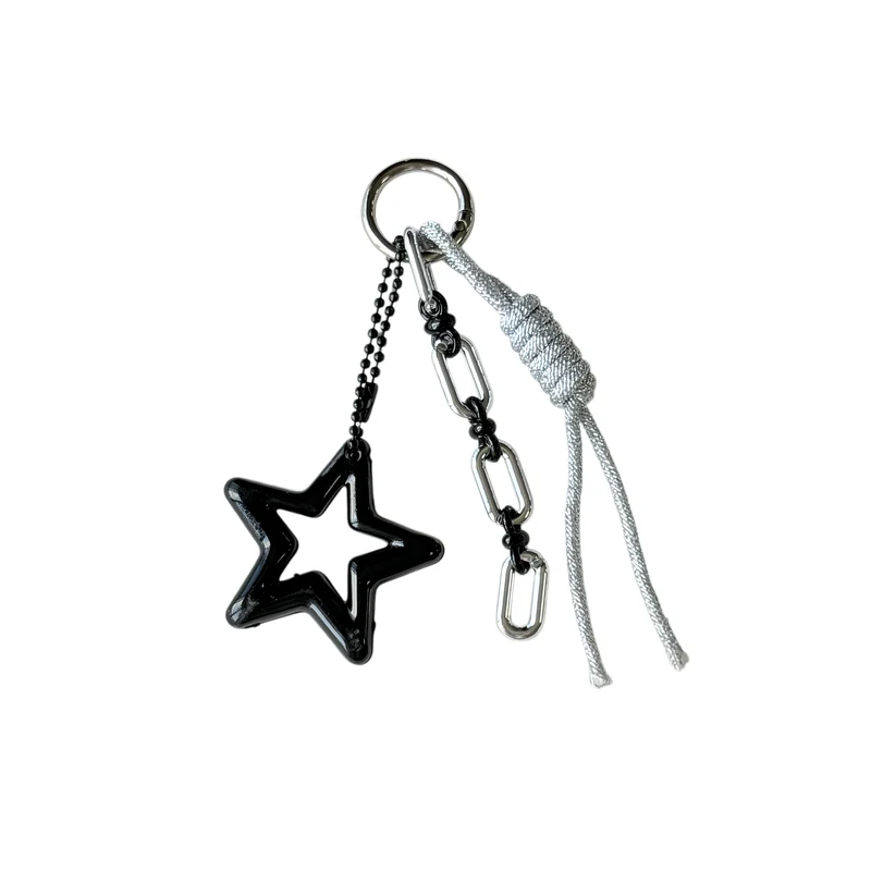 Black open-star charm with silver-colored knotted cord, rectangular chain links and a circular clasp