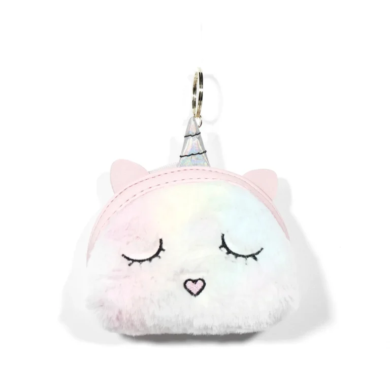 Pale-pink-and-white fuzzy unicorn coin purse