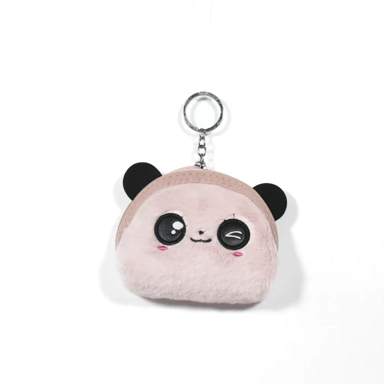 Pale-pink fuzzy winking panda coin purse