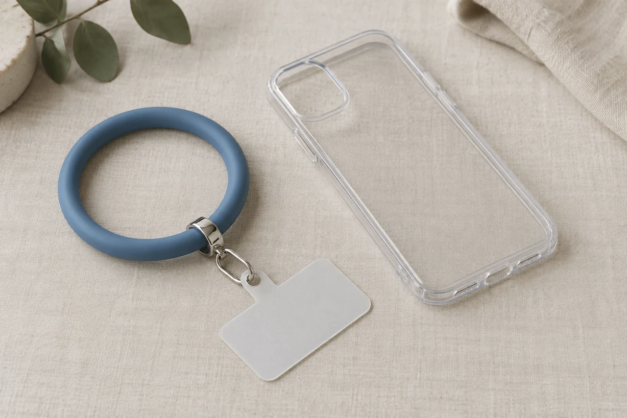 AI-generated concept: Blue circular phone ring joined to a pale tab beside a separate empty clear case.