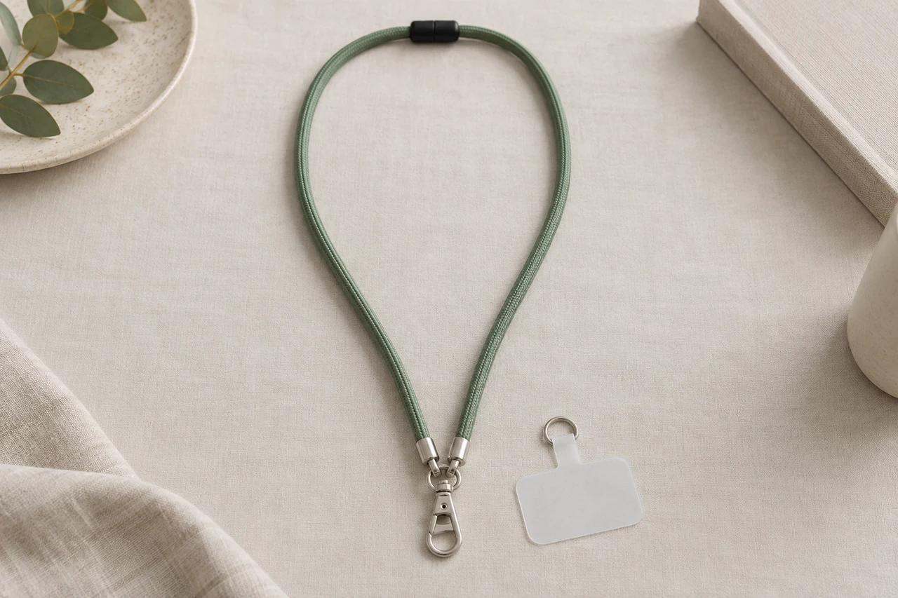 AI-generated concept: Green cord loop with a small dark top connector, lower clasp and separate plain phone tab.