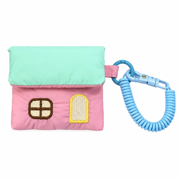 Pink house pouch with blue coil clip
