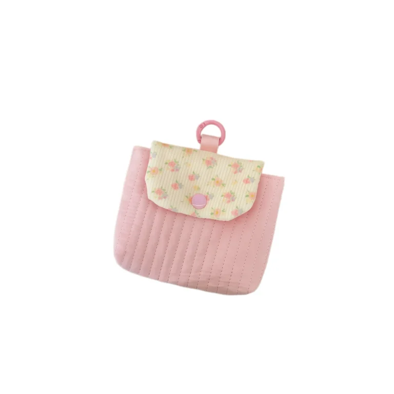 Pink ribbed flap pouch with floral panel