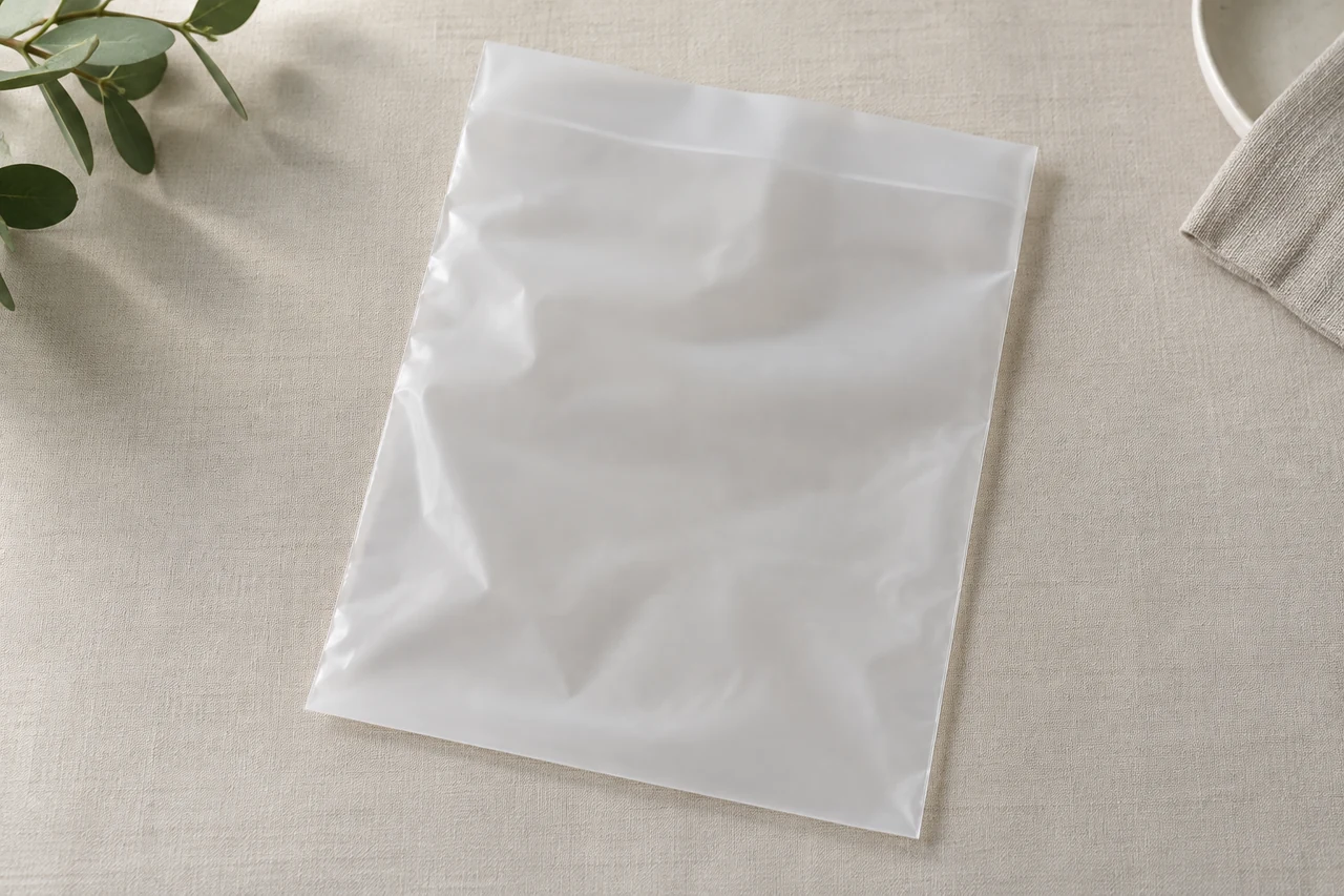 AI-generated concept: Empty plain translucent flexible packing bag with softly folded edges.