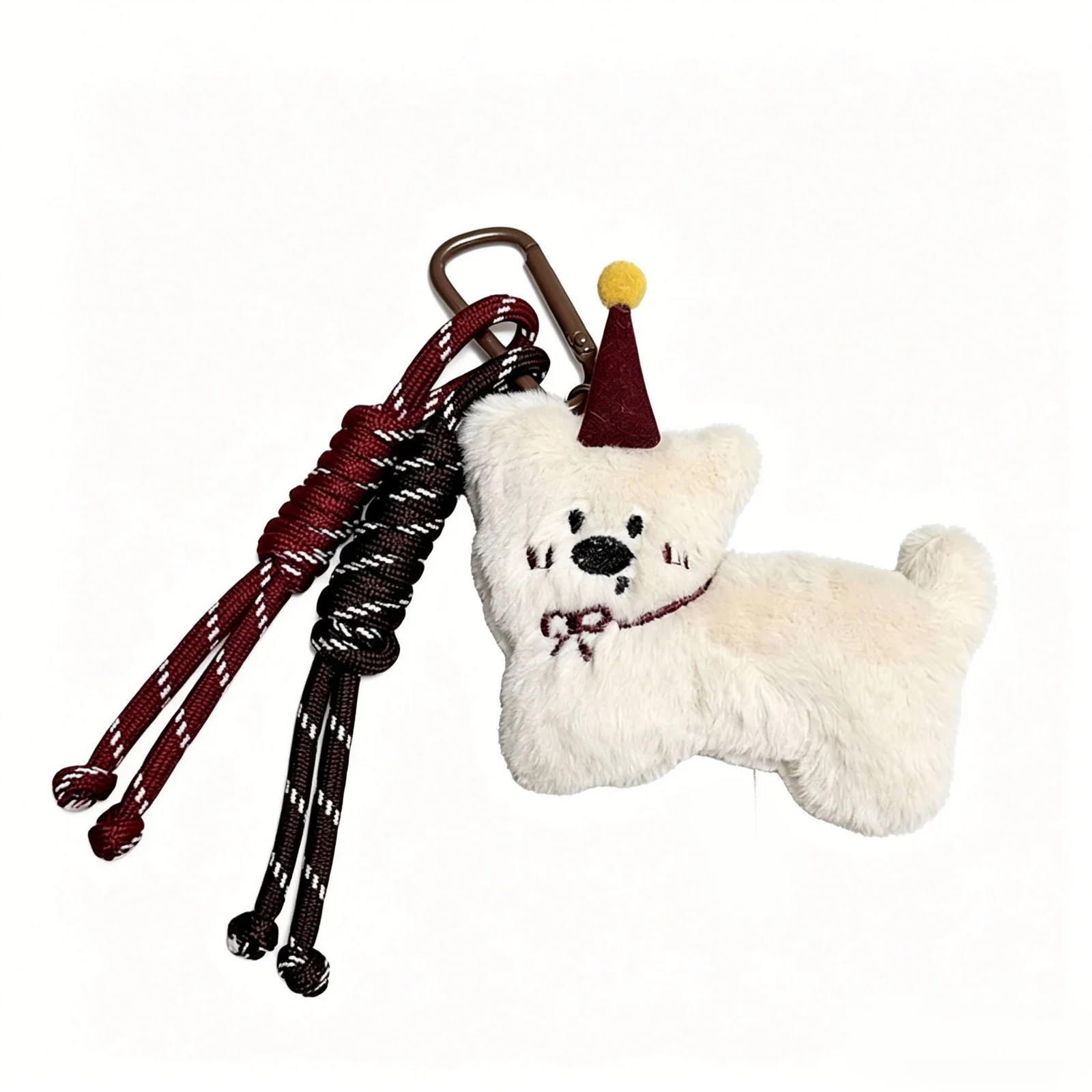 Plush dog bag charm with woven straps for mascot merchandise and gift retail