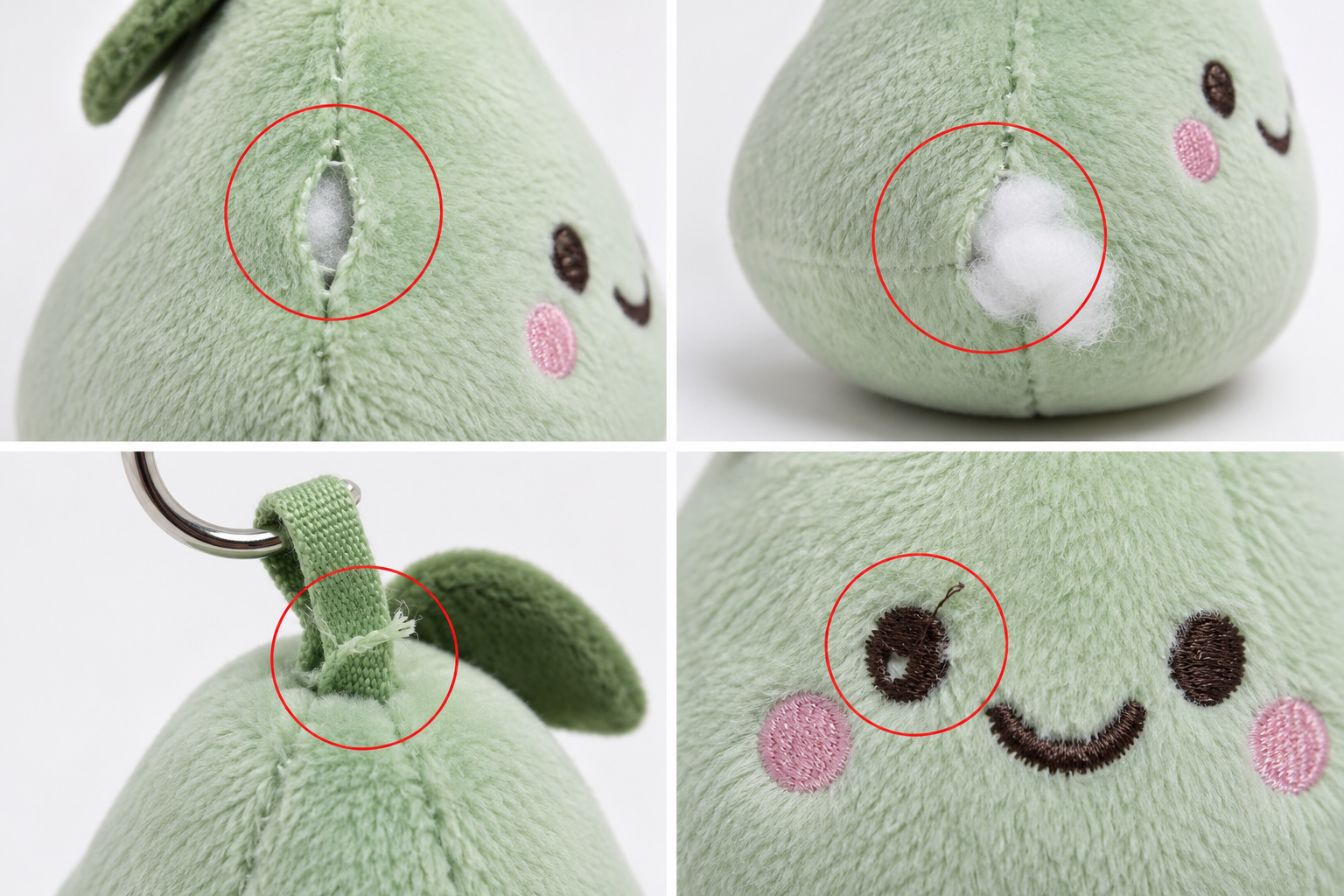 AI plush keychain defect illustration of broken seam stitches, leaking stuffing, a damaged hanging loop and loose embroidery.