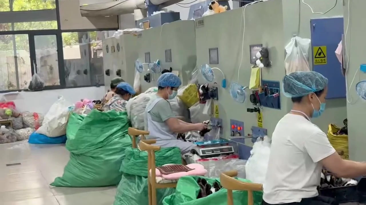 Video frame of operators handling plush pieces at filling equipment beside fiber material and a weighing platform