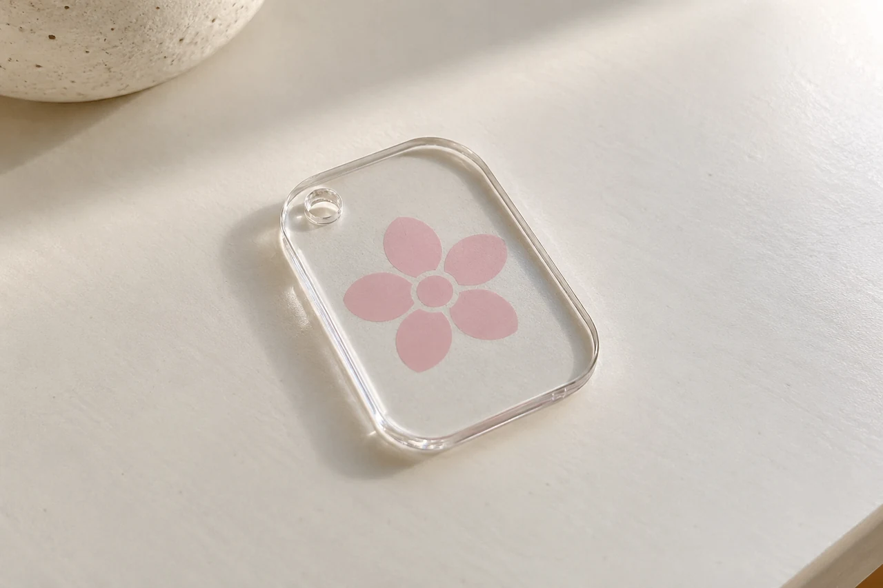 AI-generated concept: Clear rounded decorative tag with a pink flower motif and a small attachment opening.