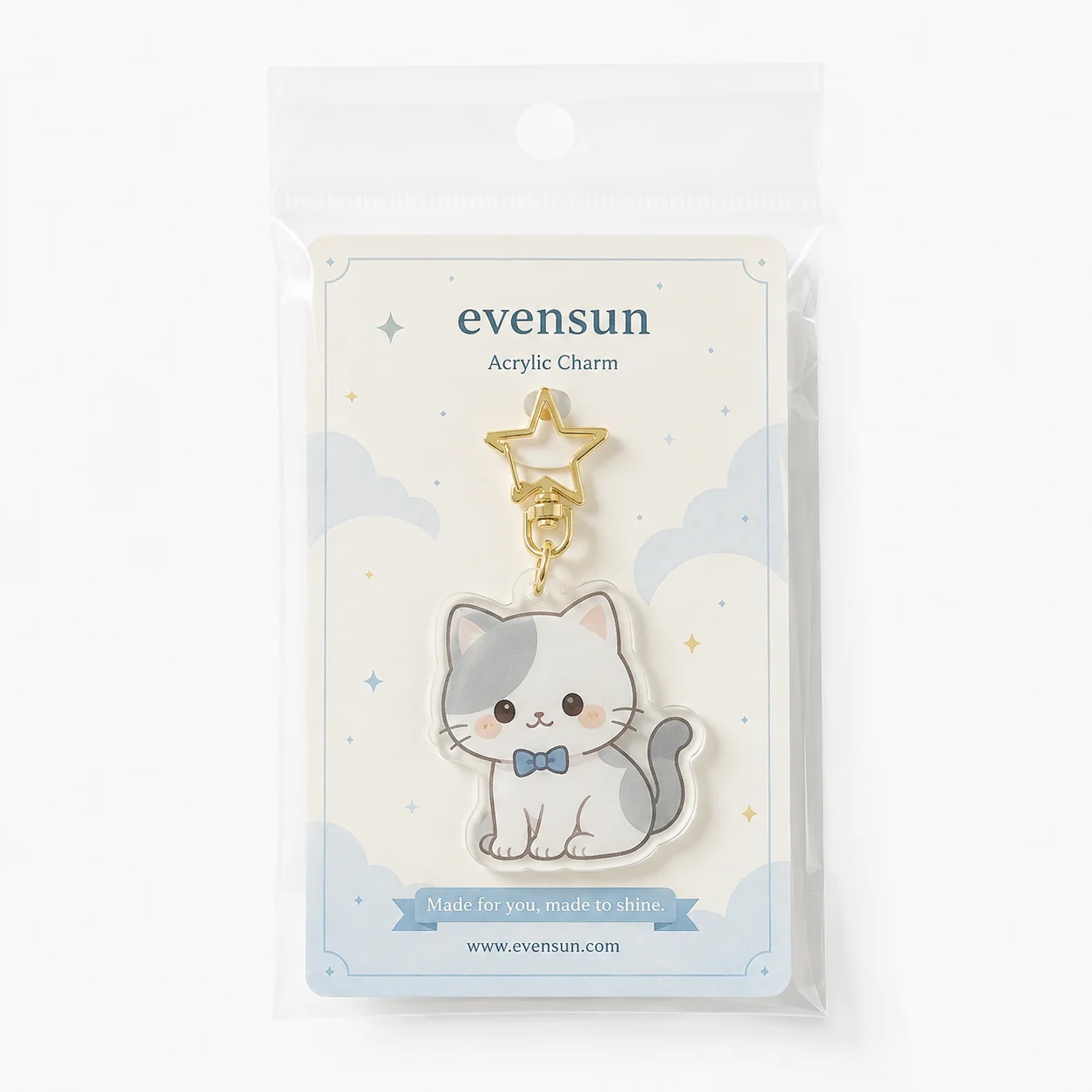 Printed backing card for retail-ready acrylic bag charms