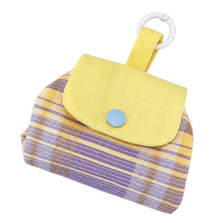 Purple checked flap pouch with yellow panel