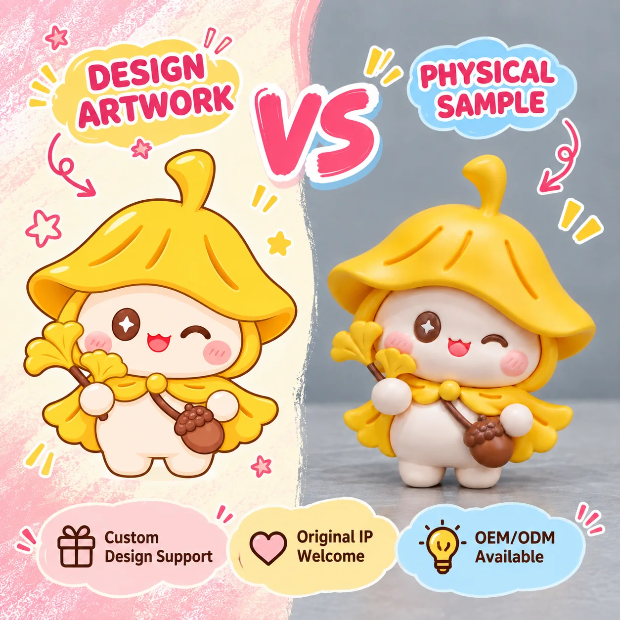 PVC bag charm artwork compared with the finished physical sample
