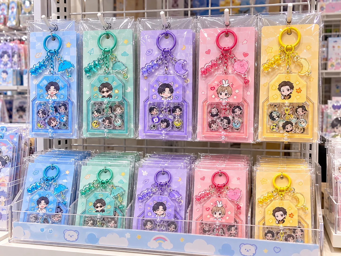 Retail-ready acrylic charms in colorful display packaging
