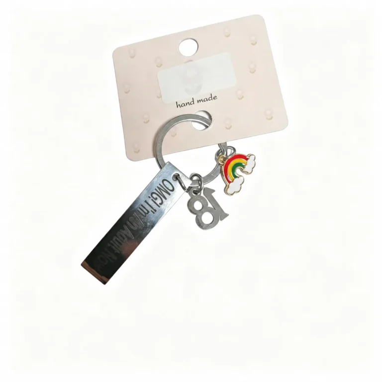 Rectangular birthday-message tag with number and rainbow charms and ring in silver-tone, multicolor, shown as a keychain.