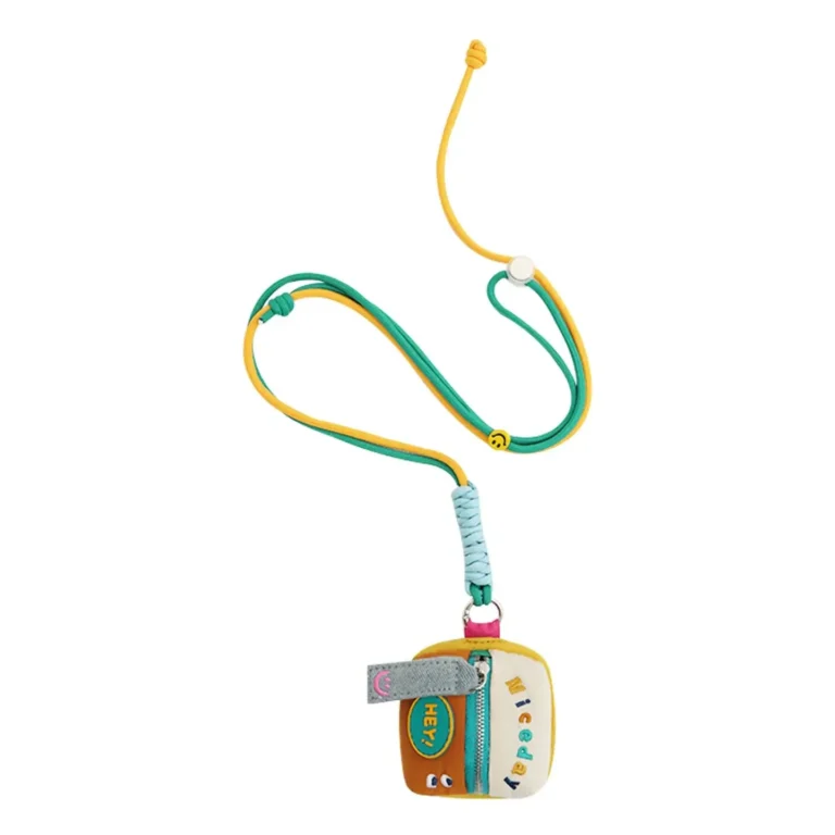 Small zip pouch on green-and-yellow cord strap