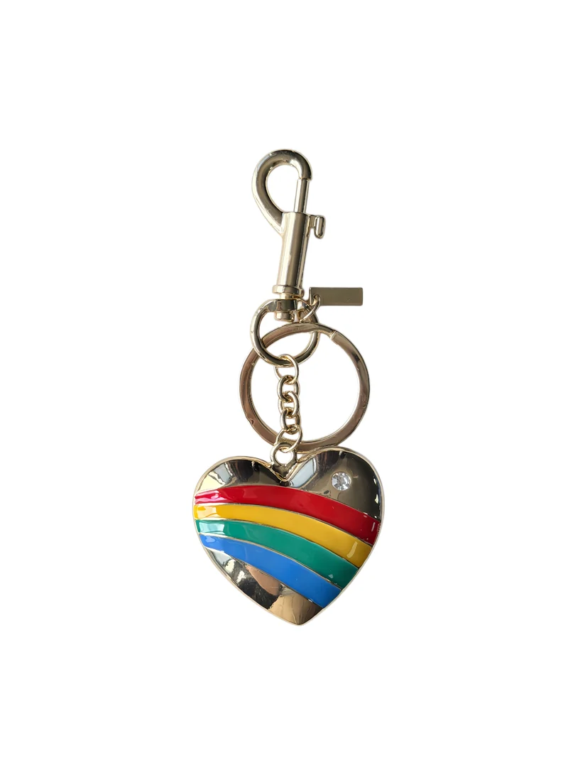 Heart-shaped charm with red, yellow, green and blue stripes, clasp, ring and short chain