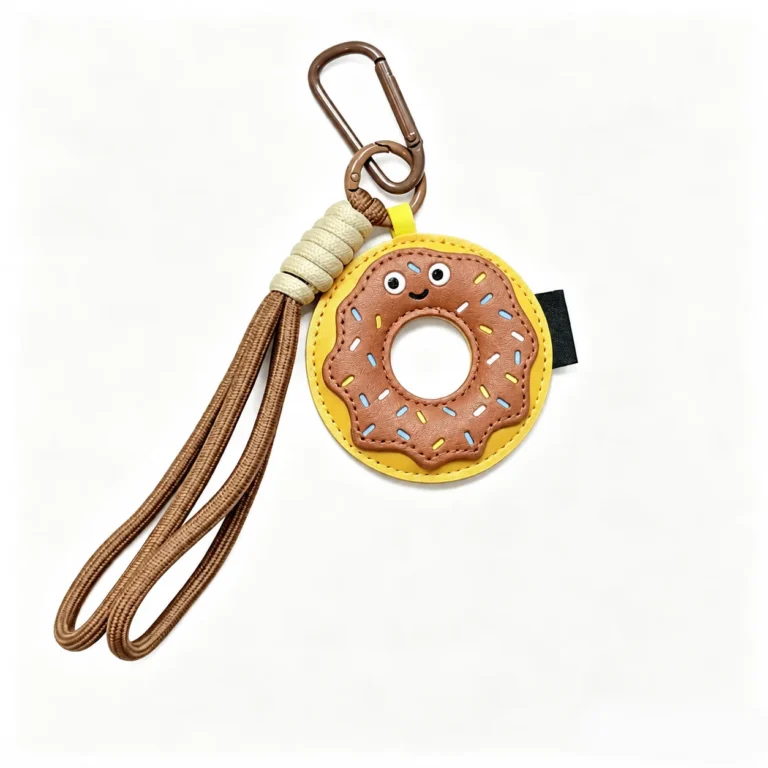 Doughnut charm with knotted cord loop and clasp in tan, pink, yellow, white, silver-tone, shown as a clip-on charm.