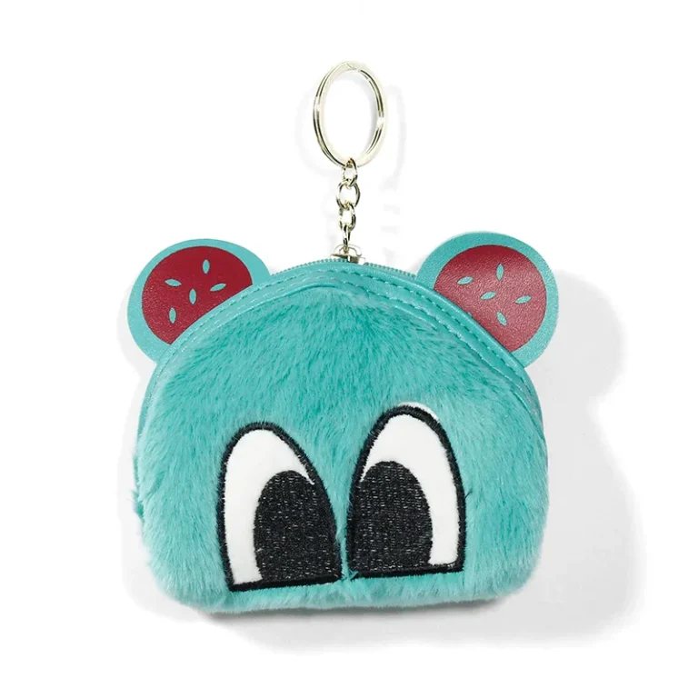 Turquoise fuzzy coin purse with watermelon-print ears