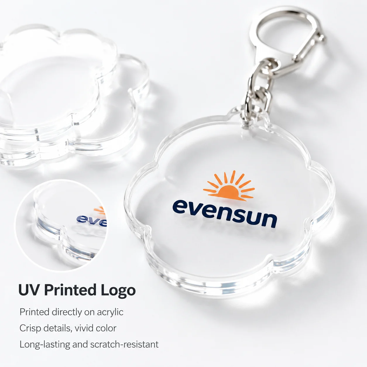UV printed logo on clear acrylic bag charm