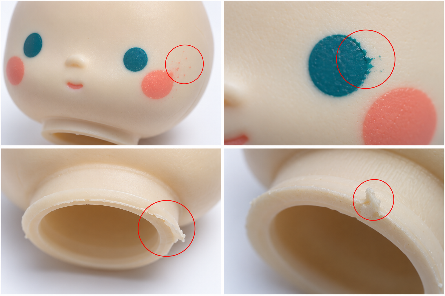 AI vinyl component defect examples: paint overspray, a ragged painted boundary, untrimmed molding flash and a rough edge burr.