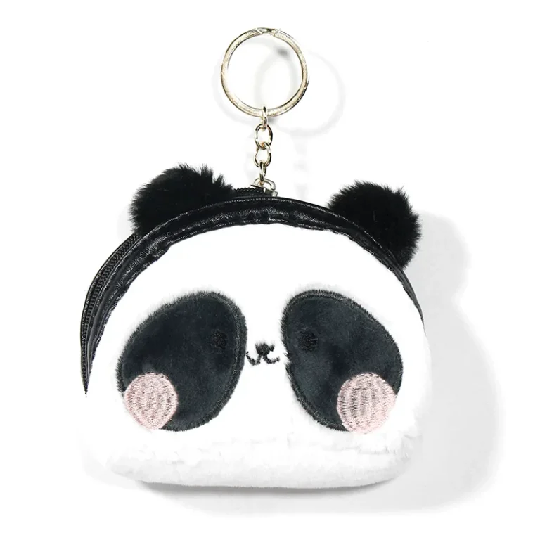 White-and-black fuzzy panda-face coin purse