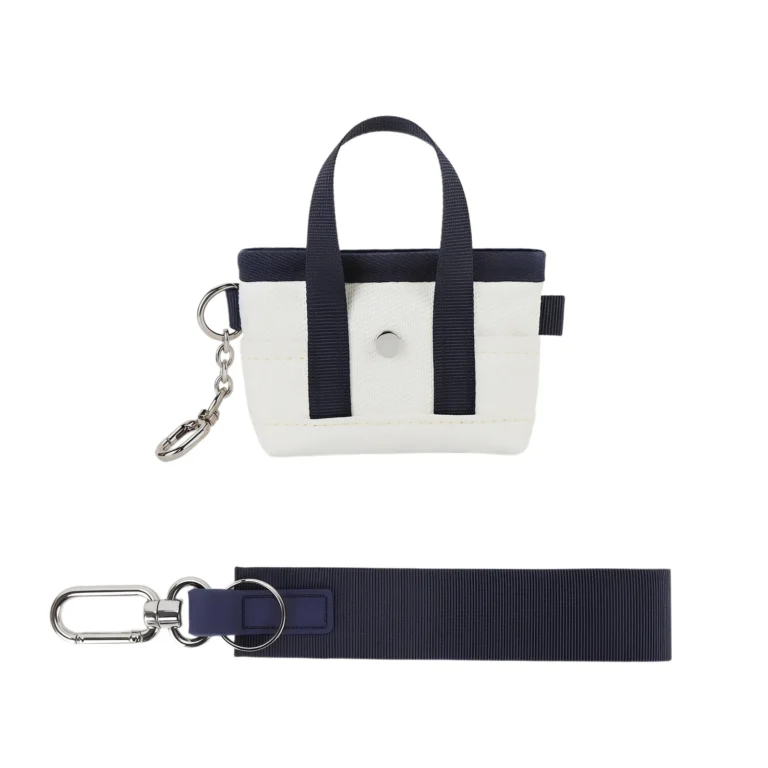 White-and-navy mini tote pouch with loop strap