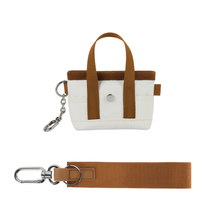 White-and-tan mini tote pouch with loop strap