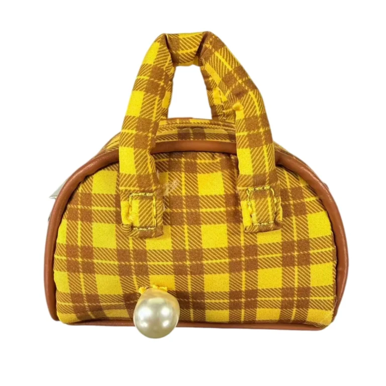Yellow checked mini handbag pouch with bead accent