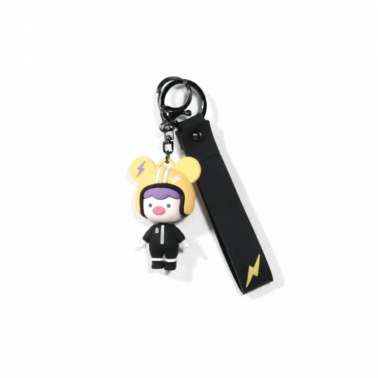 Yellow-eared figure keyring with long black printed strap